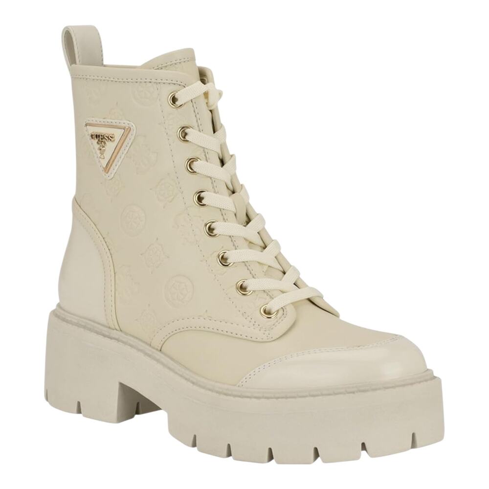 GUESS Womens Shun Triple Triangle Lace Up Lug Sole Combat Boots Ivory Size 7 1/2